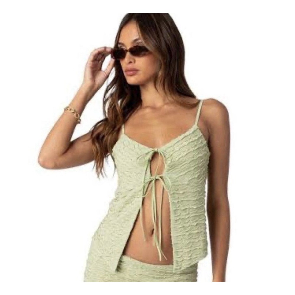 Edikted Sage Green Textured Tie Front Cami Top Handkerchief Hem Small